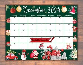 Editable Fillable December 2024 Calendar for Merry Christmas, Colorful Ornaments, Cute Animals, Joyful Green Background, Printable Planner