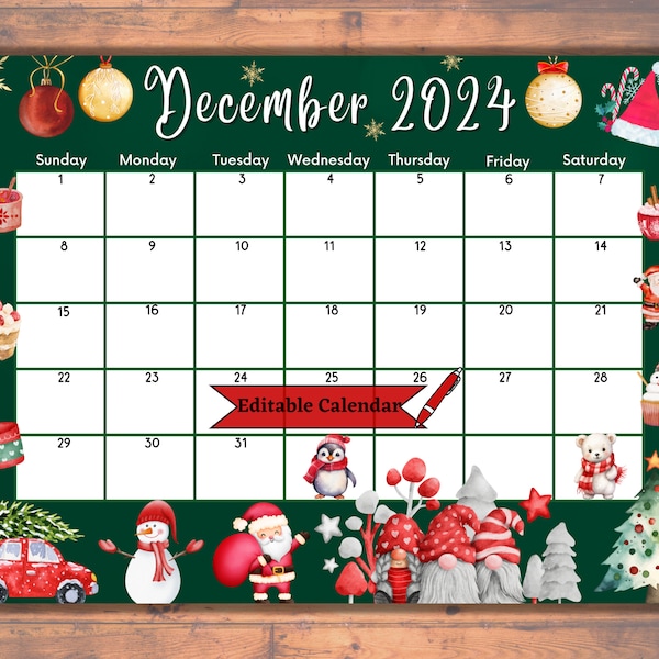 Editable Fillable December 2024 Calendar for Merry Christmas, Colorful Ornaments, Cute Animals, Joyful Green Background, Printable Planner