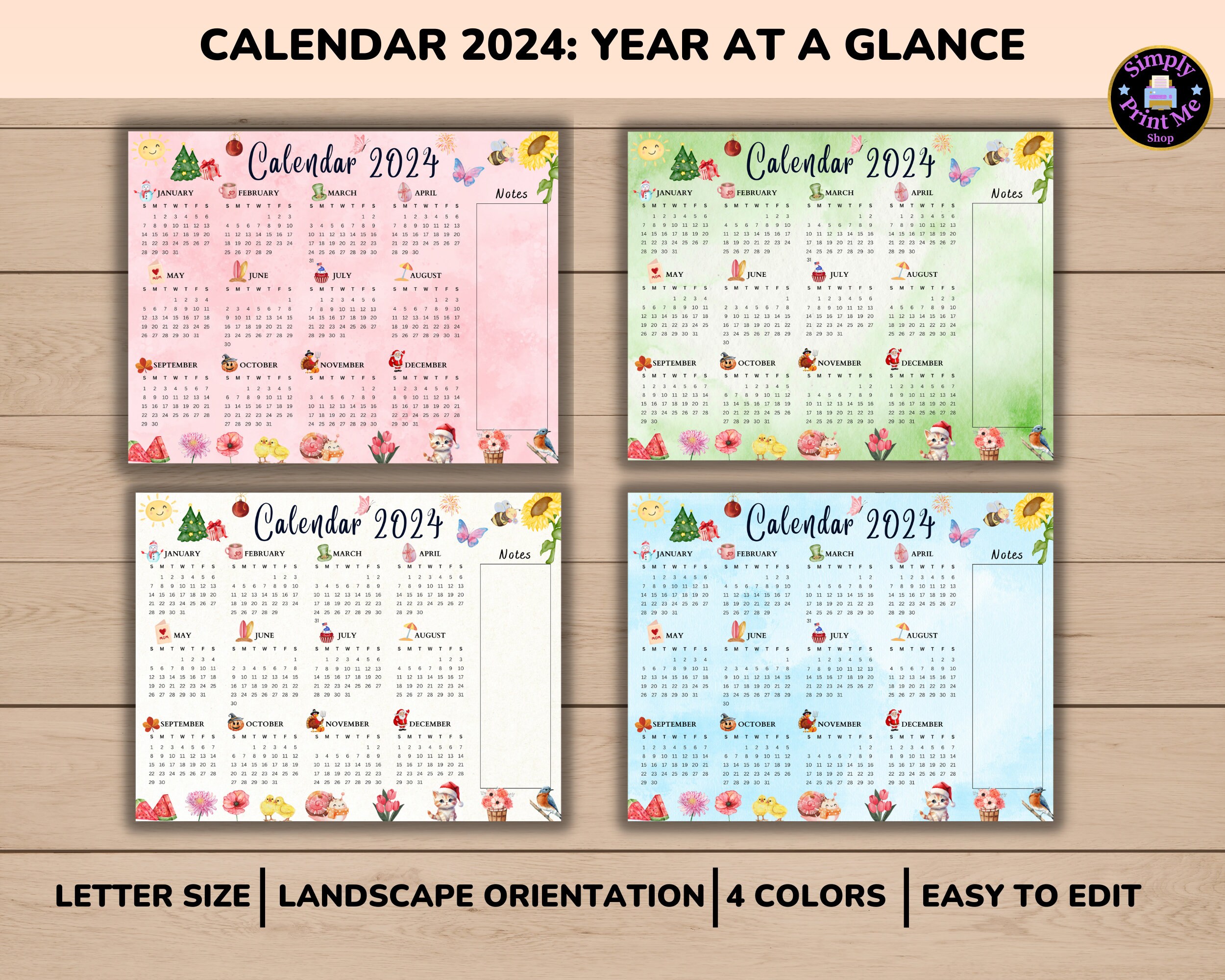Editable Printable Yearly Calendar 2024 Year at a Glance - Etsy Australia