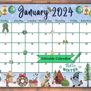 Editable January 2024 Calendar, Fillable, Colorful Ornaments, Cute Animals, Snowman, Winter, New Year 2024, Kids Planner, Digital Download image 1