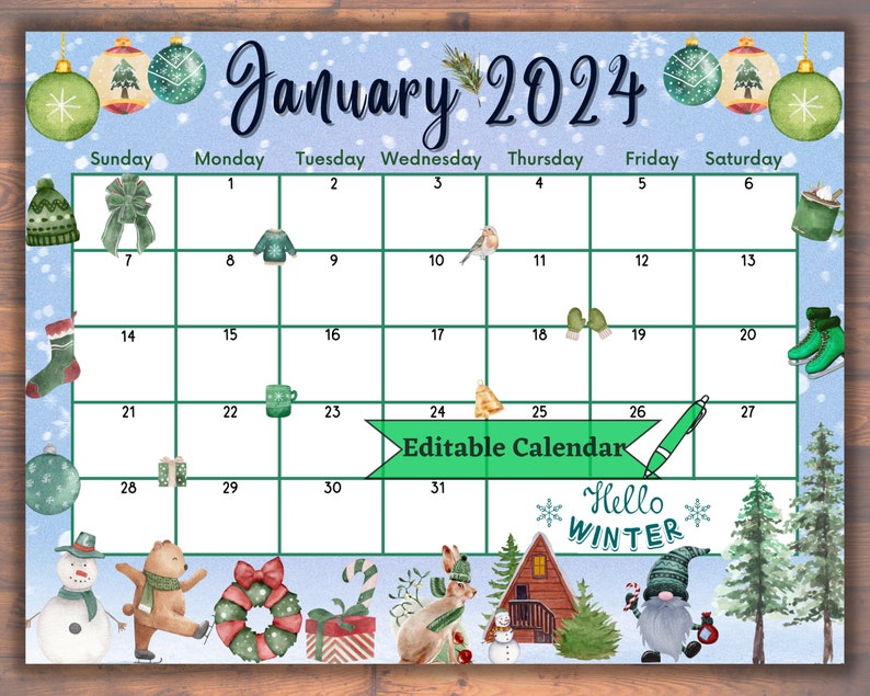 Editable January 2024 Calendar, Fillable, Colorful Ornaments, Cute Animals, Snowman, Winter, New Year 2024, Kids Planner, Digital Download image 1