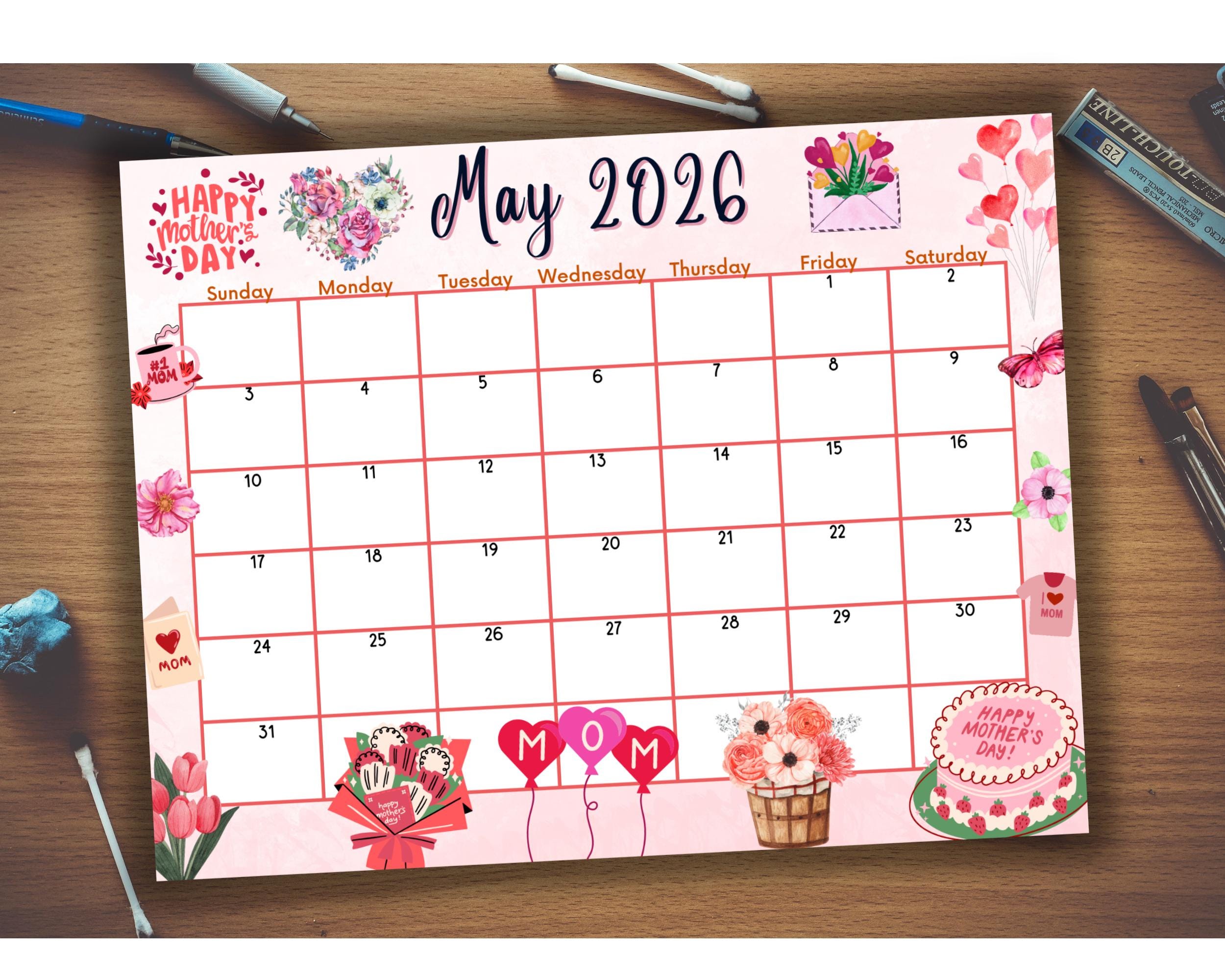 Calendario PDF editable y rellenable de mayo de 2026 para el Día de la ...