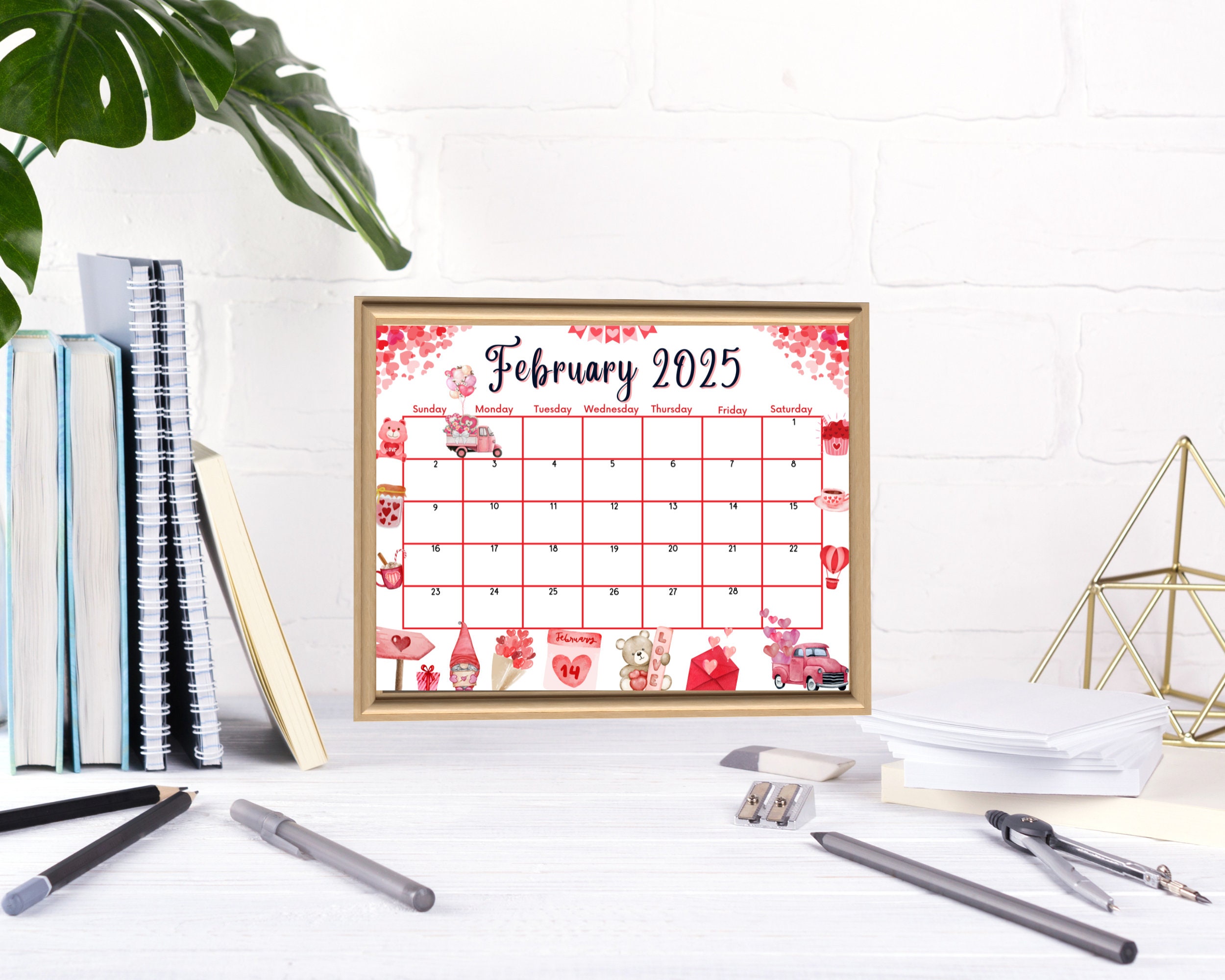 Editable Fillable February 2025 Calendar for Valentines Day, Digital