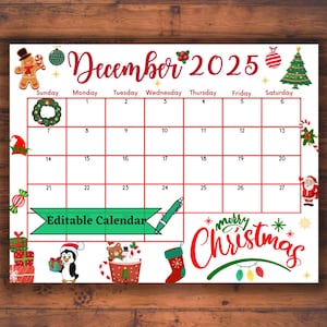 Editable Fillable December 2025 Calendar for Merry Christmas with Colorful Ornaments, Cute Winter Holiday Gifts, Printable Classroom Planner