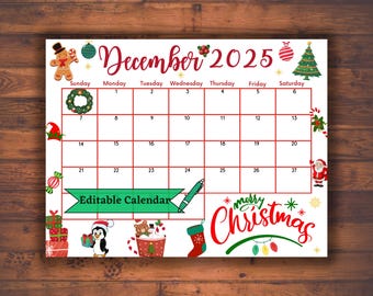 Editable Fillable December 2025 Calendar for Merry Christmas with Colorful Ornaments, Cute Winter Holiday Gifts, Printable Classroom Planner