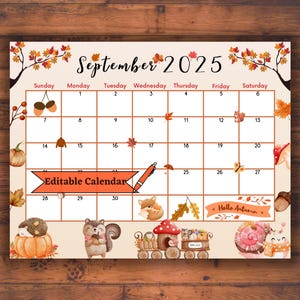 Editable Fillable September 2025 Calendar for Autumn, Fall, Back to school Planner for Kids, Classroom, Printable, Easy to edit, Digital PDF