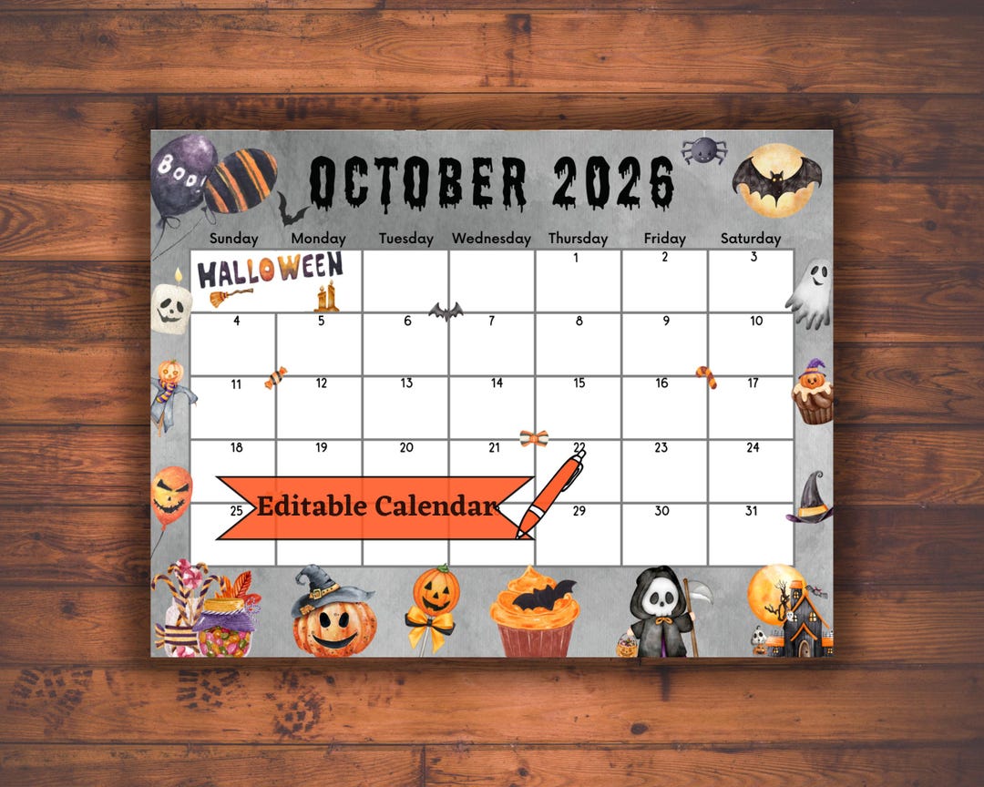 Editable Fillable October 2026 Calendar for Spooky Happy Halloween ...