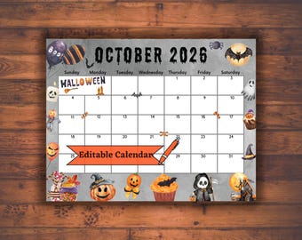 Calendario editable y rellenable de octubre de 2026 para un Halloween espeluznante y feliz, planificador imprimible de otoño, PDF digital
