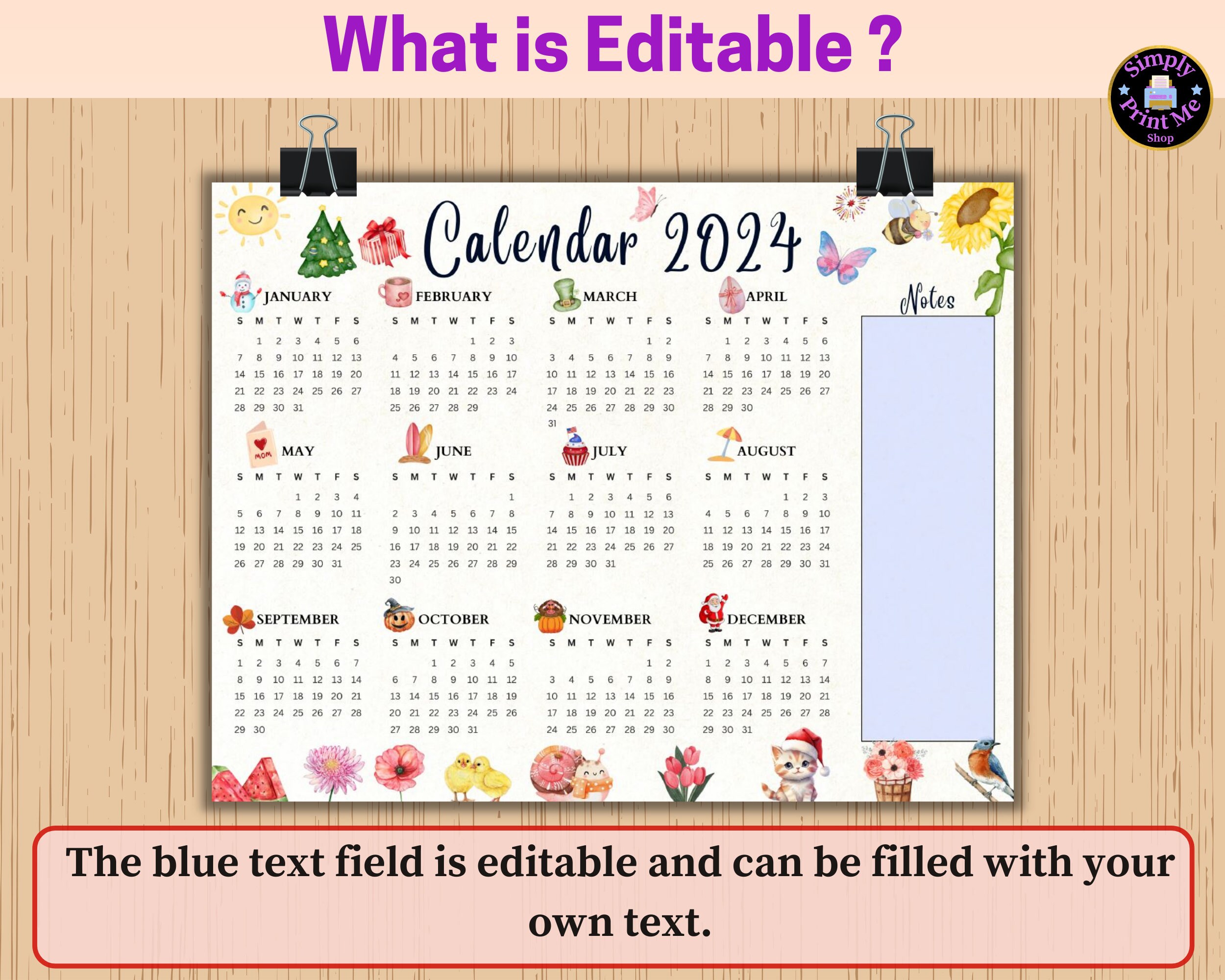 Editable Printable Yearly Calendar 2024 Year at a Glance - Etsy Canada