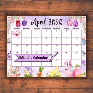 Editable Fillable April 2026 Calendar for Happy Easter with Cute Bunnie & Ducks, Monthly Printable Teacher planner, Spring Kid School Agenda