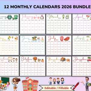 2026 Monthly Calendar Bundle: Minimalist Editable Printable Planner ...