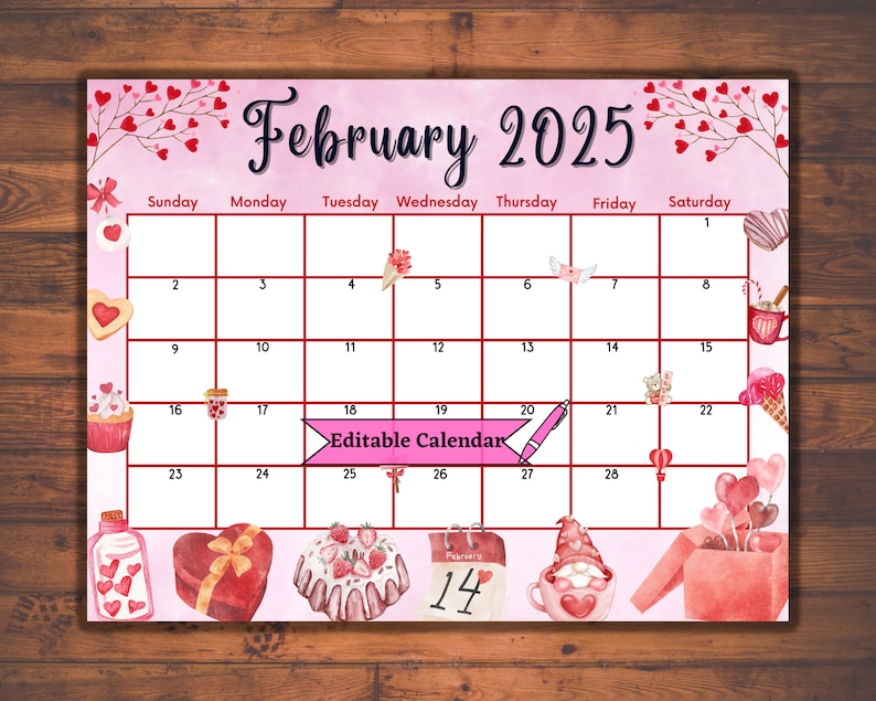 Editable Fillable February 2025 Calendar for Valentine’s Day, Printable