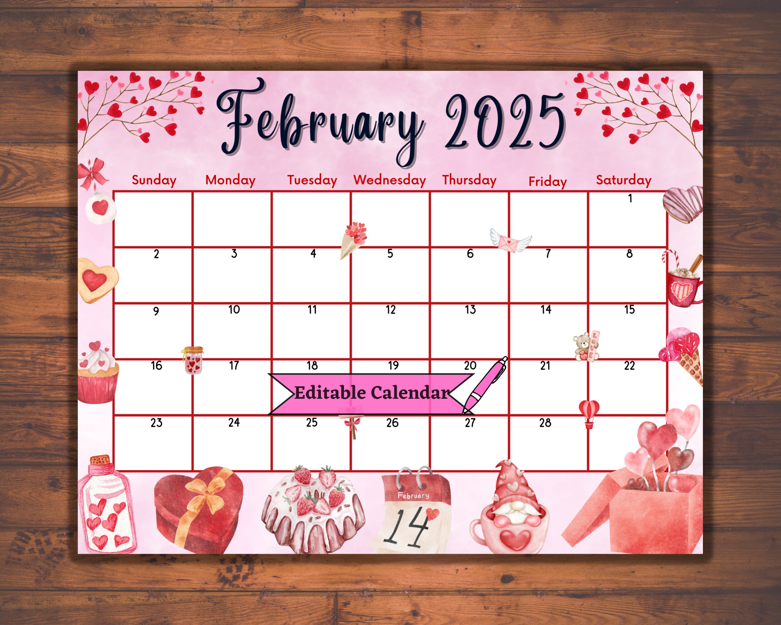 Editable Fillable February 2025 Calendar for Valentines Day, Printable