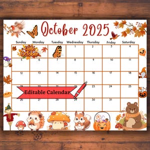Editable Fillable October 2025 Calendar for Autumn, Fall, Happy Halloween, Cute animals, Back to school Printable Planner, Kids Classroom