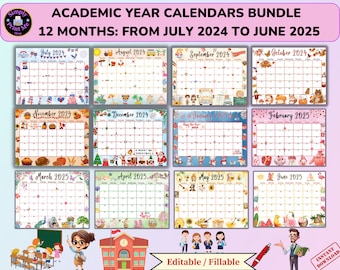 Editable School Calendar 2024-2025 from July to June, Printable Fillable Classroom Planner, 12 Month Bundle, Digital Monthly Kids Schedule