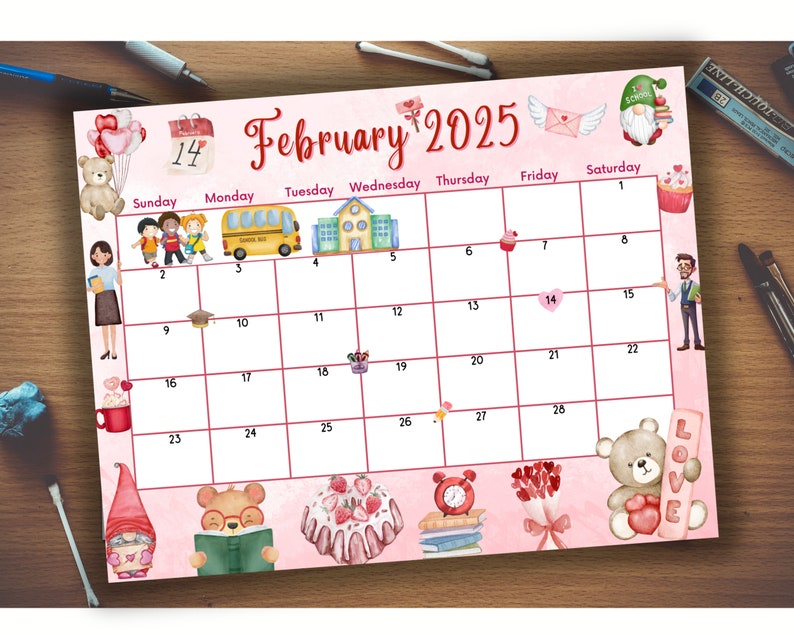 Editable Fillable February 2025 Calendar for Valentines Day, Printable Teacher Planner With