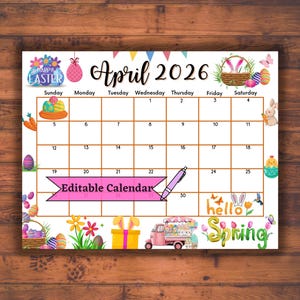 Calendario editable y rellenable de abril de 2026 para una feliz Pascua con huevos y mariposas de colores, planificador de primavera imprimible, agenda infantil para el aula, PDF