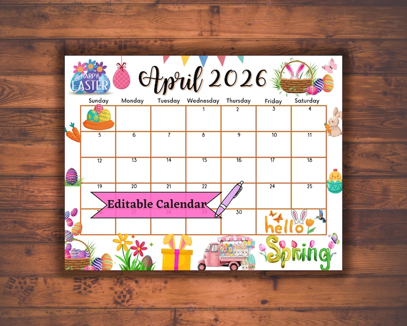 Editable Fillable April 2026 Calendar for Happy Easter With Colorful ...