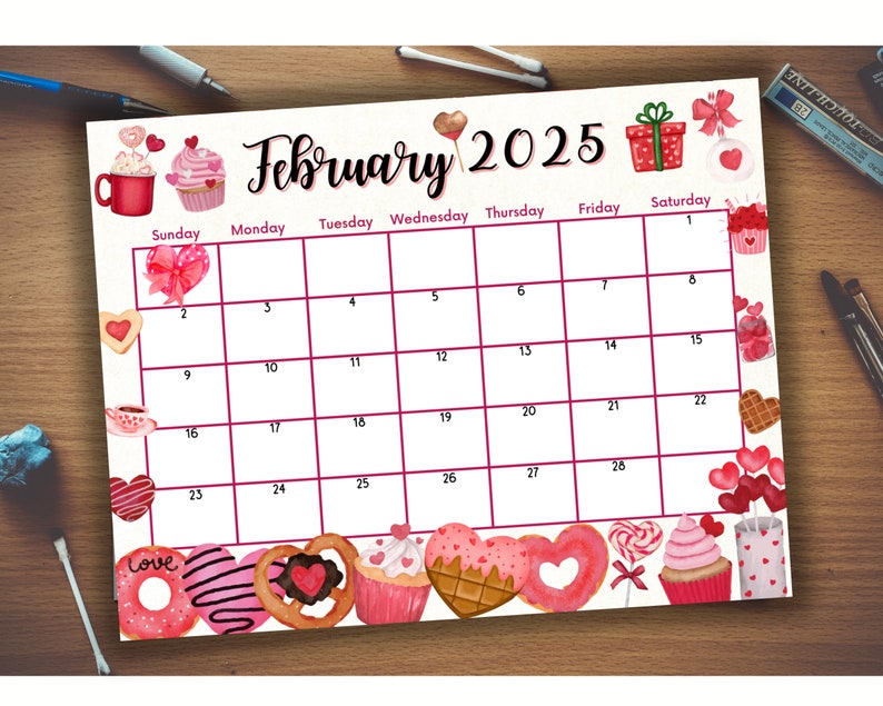Editable Fillable February 2025 Calendar for Valentines Day, Printable Planner With Delicious