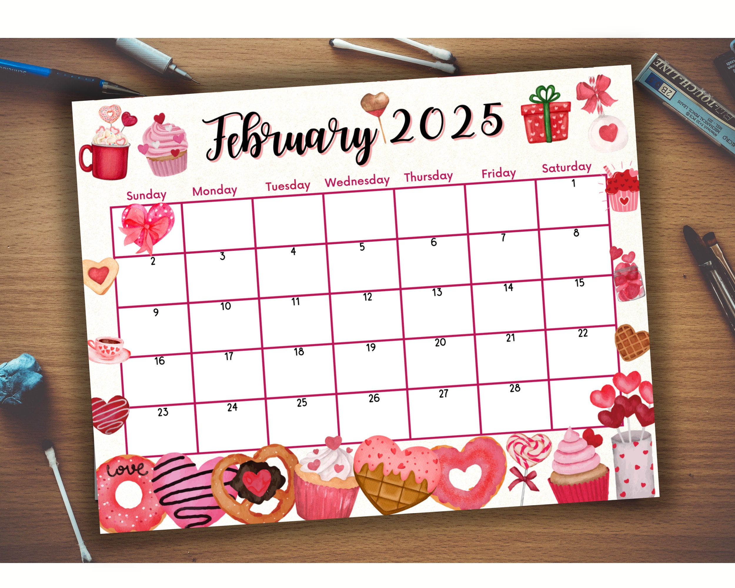 Editable Fillable February 2025 Calendar for Valentines Day, Printable Planner With Delicious