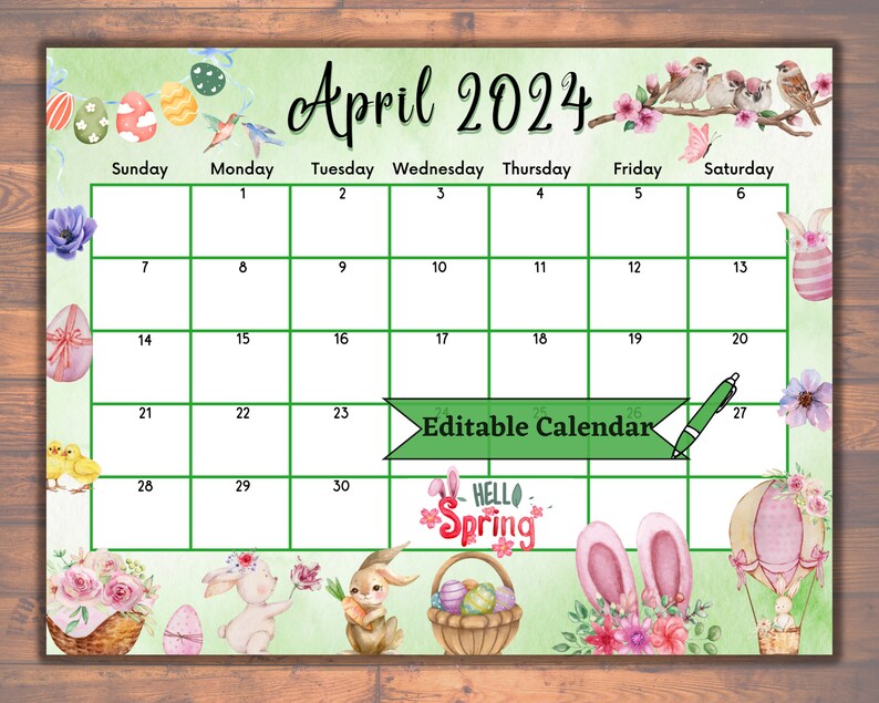 Editable Fillable April 2024 Calendar Happy Easter With Cute Bunnies