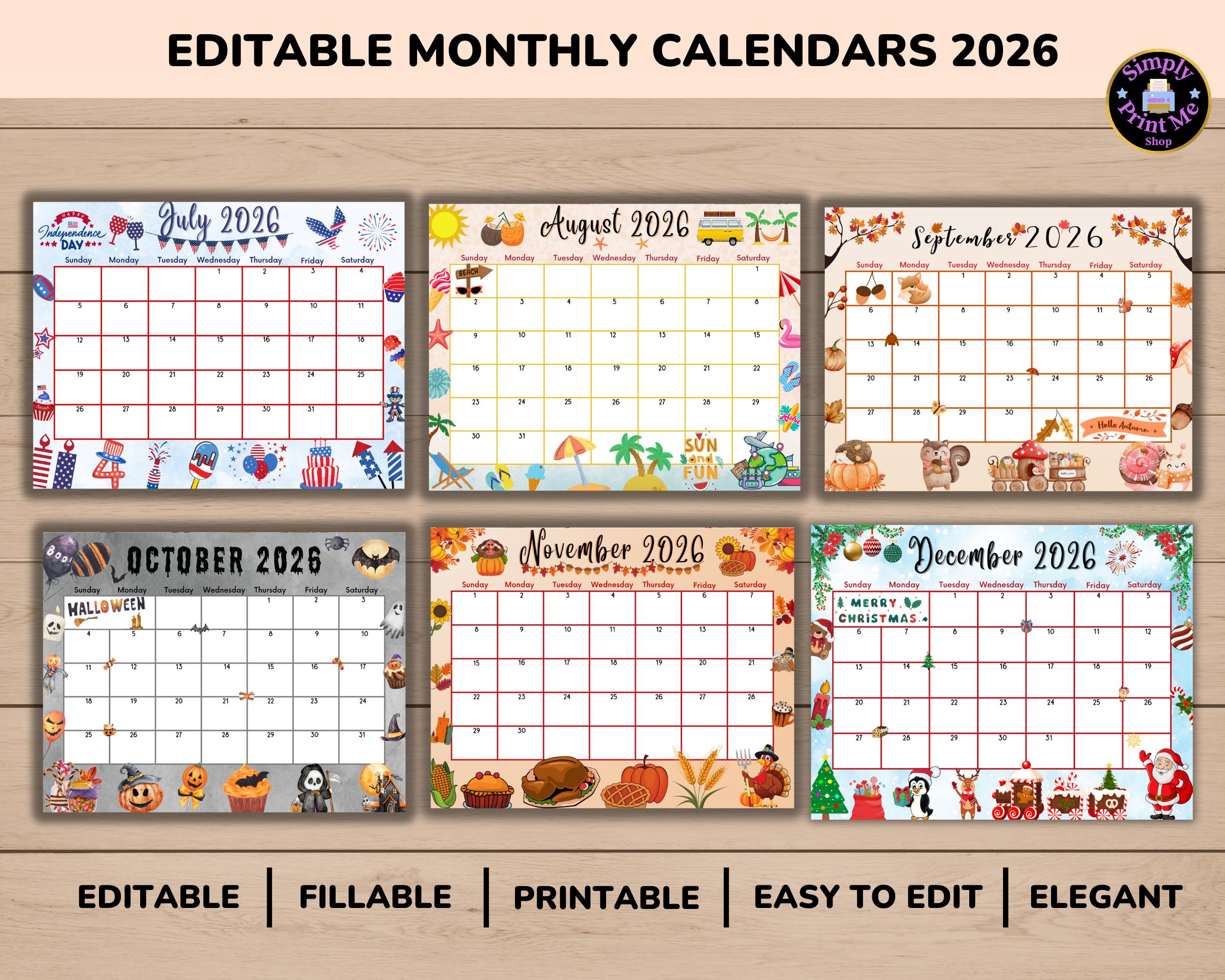 Editable Fillable Monthly Calendar 2026 Bundle From January to December ...