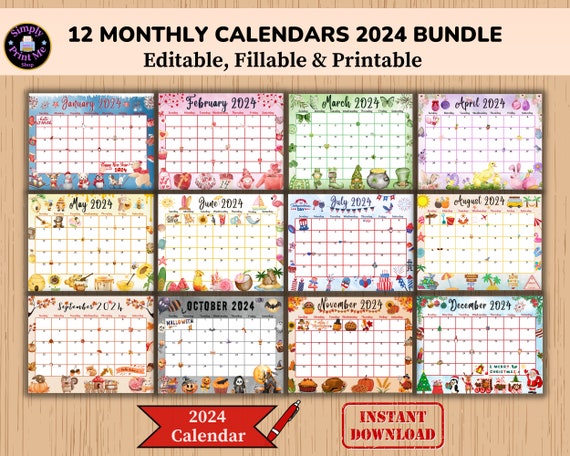EDITABLE Monthly Calendar 2024 Bundle 12 Month, Elegant Printable Fillable  Classroom Planner, Easy to Edit, Sunday Start, Instant Download - Etsy