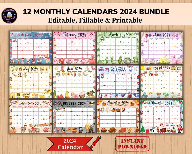 EDITABLE Monthly Calendar 2024 Bundle 12 Month, Elegant Printable