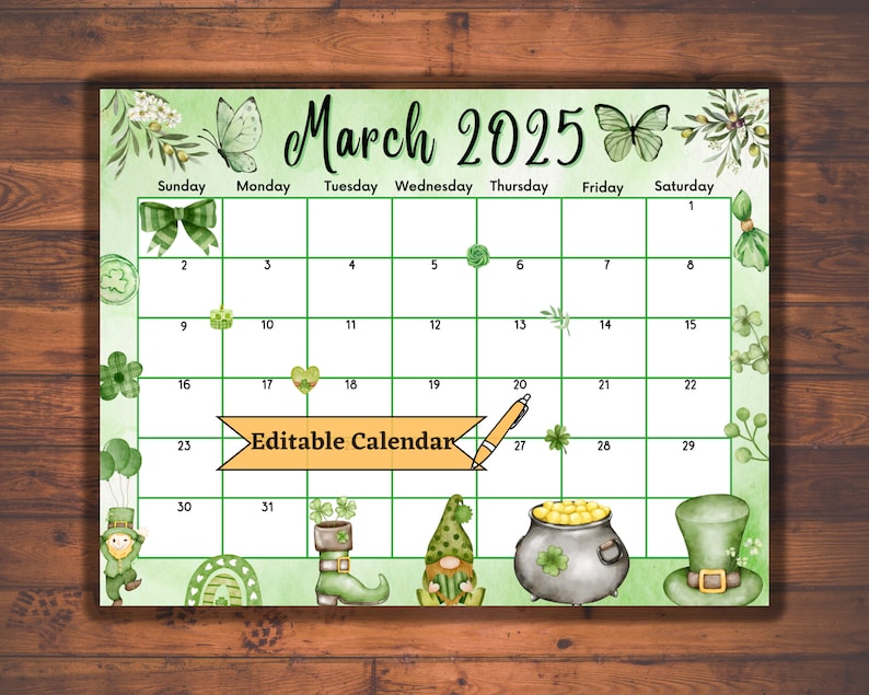 Editable Fillable March 2025 Calendar for St. Patrick's Day, Printable