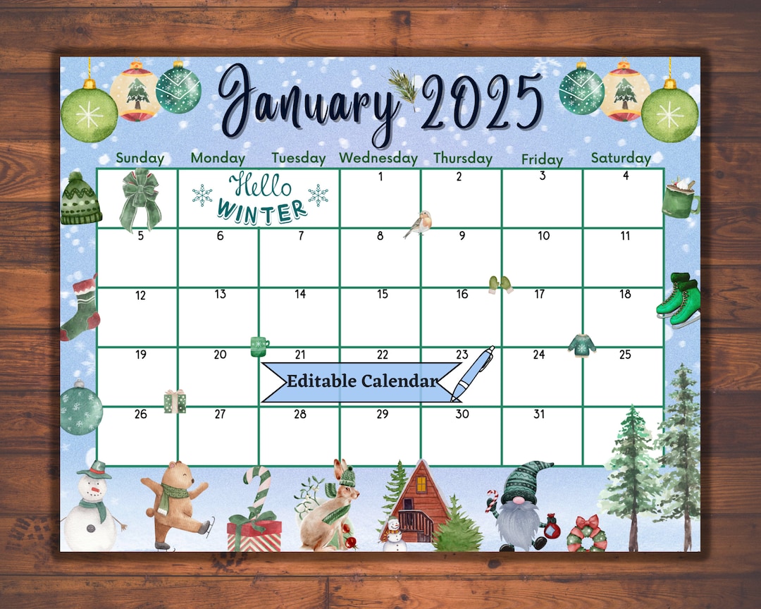 Editable Fillable January 2025 Calendar for Happy New Year, Colorful ...