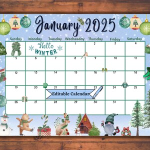 Bearbeitbarer befüllbarer Januar 2025-Kalender für Frohes neues Jahr, Bunter druckbarer Monatsplaner, süße Tiere, Winter-Klassenzimmer-Agenda für Kinder
