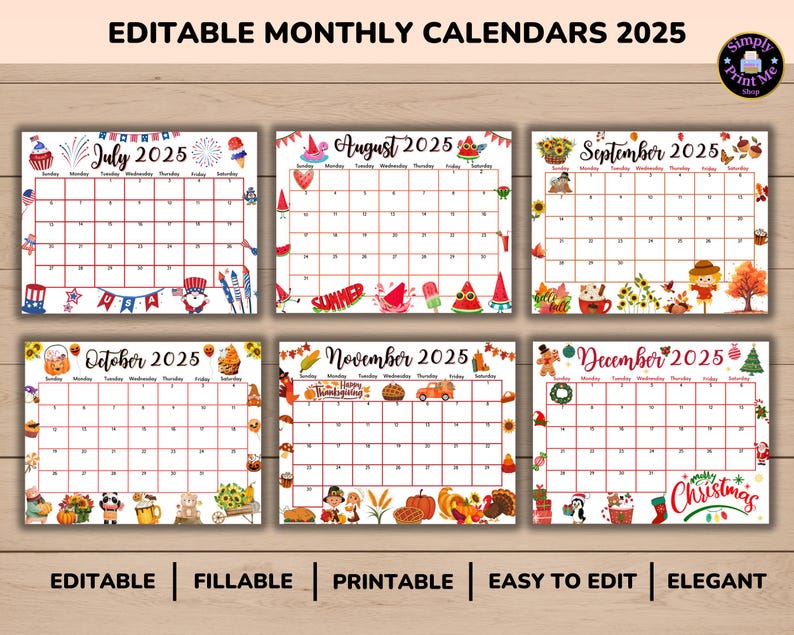 Editable Fillable Monthly Calendar 2025 Bundle From January to December