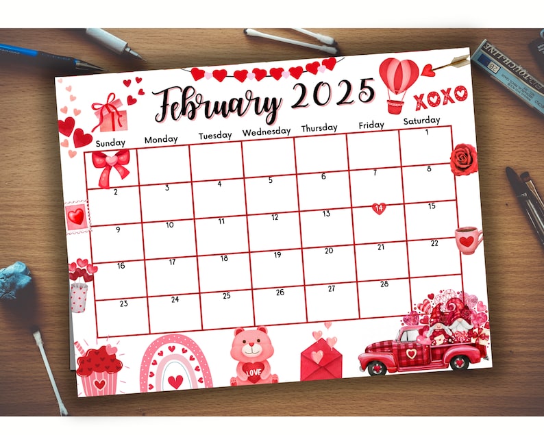 Editable Fillable February 2025 Calendar for Valentines Day, Printable Planner With Lovely Gifts
