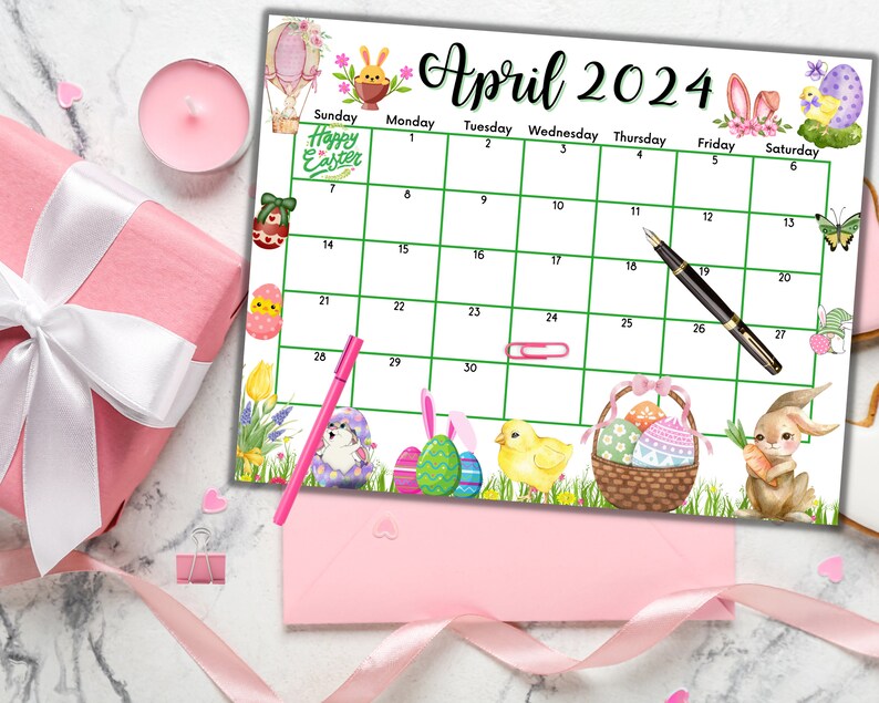 Editable Fillable April 2024 Calendar for Happy Easter With Cute