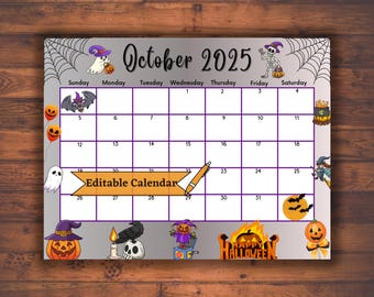 Calendario de octubre de 2025 editable y rellenable para un Halloween espeluznante y feliz, planificador imprimible de otoño, horario de aula para niños, diseño adorable, PDF