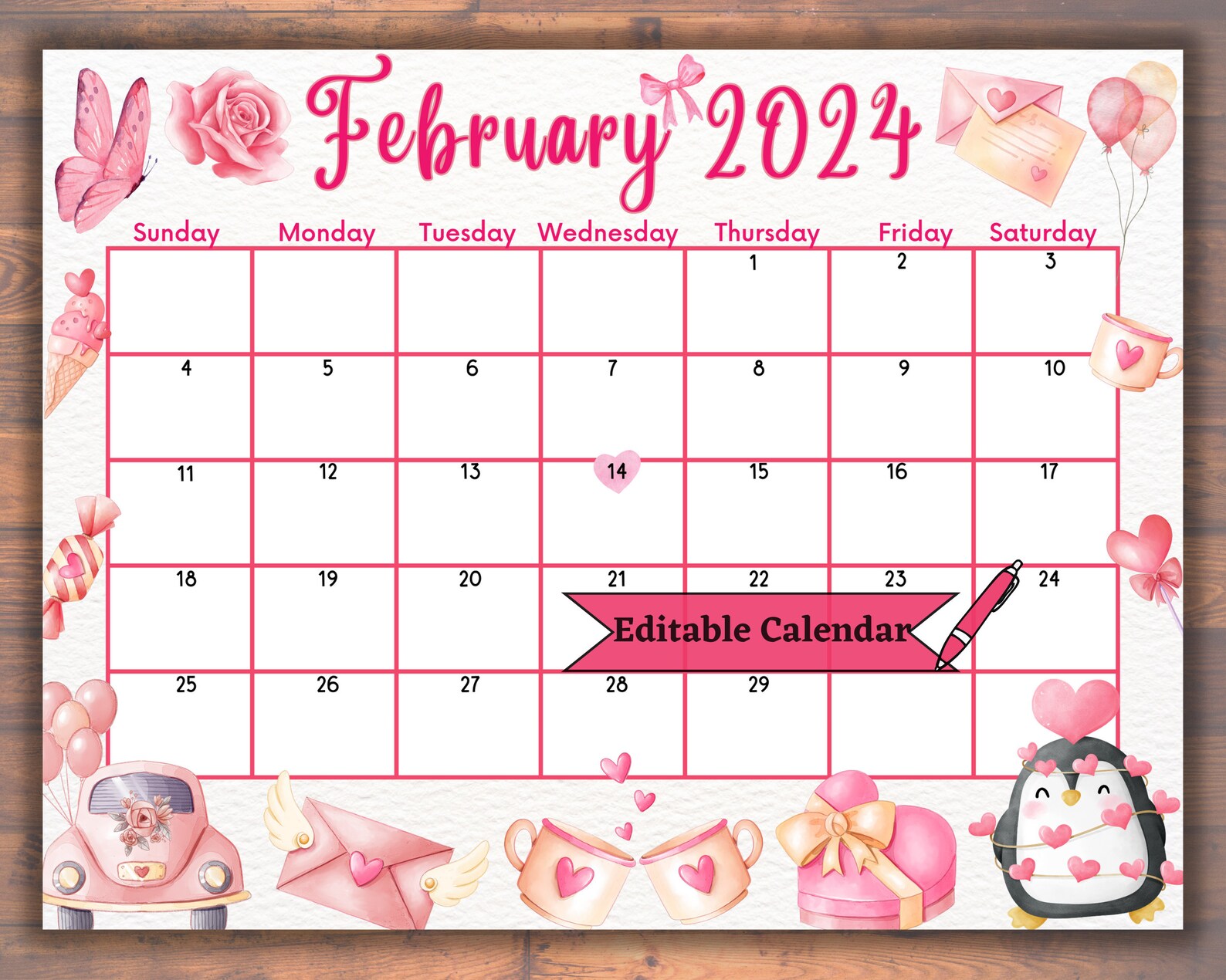Editable February 2024 Calendar, Fillable, Printable, Valentines Day