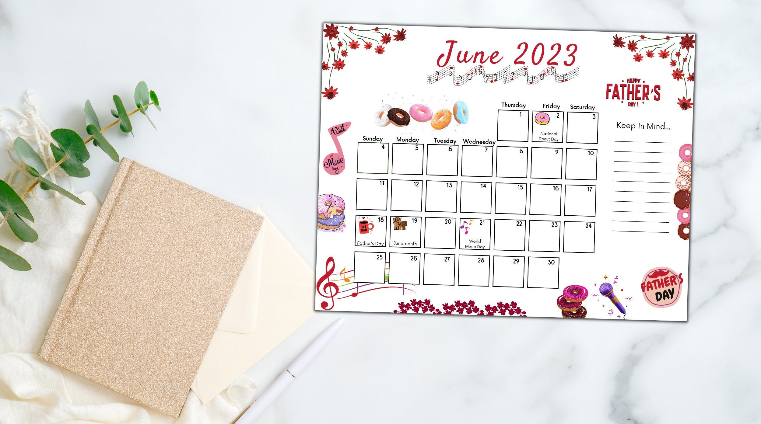 June 2023 Calendar Printable Father's Day One Month Etsy