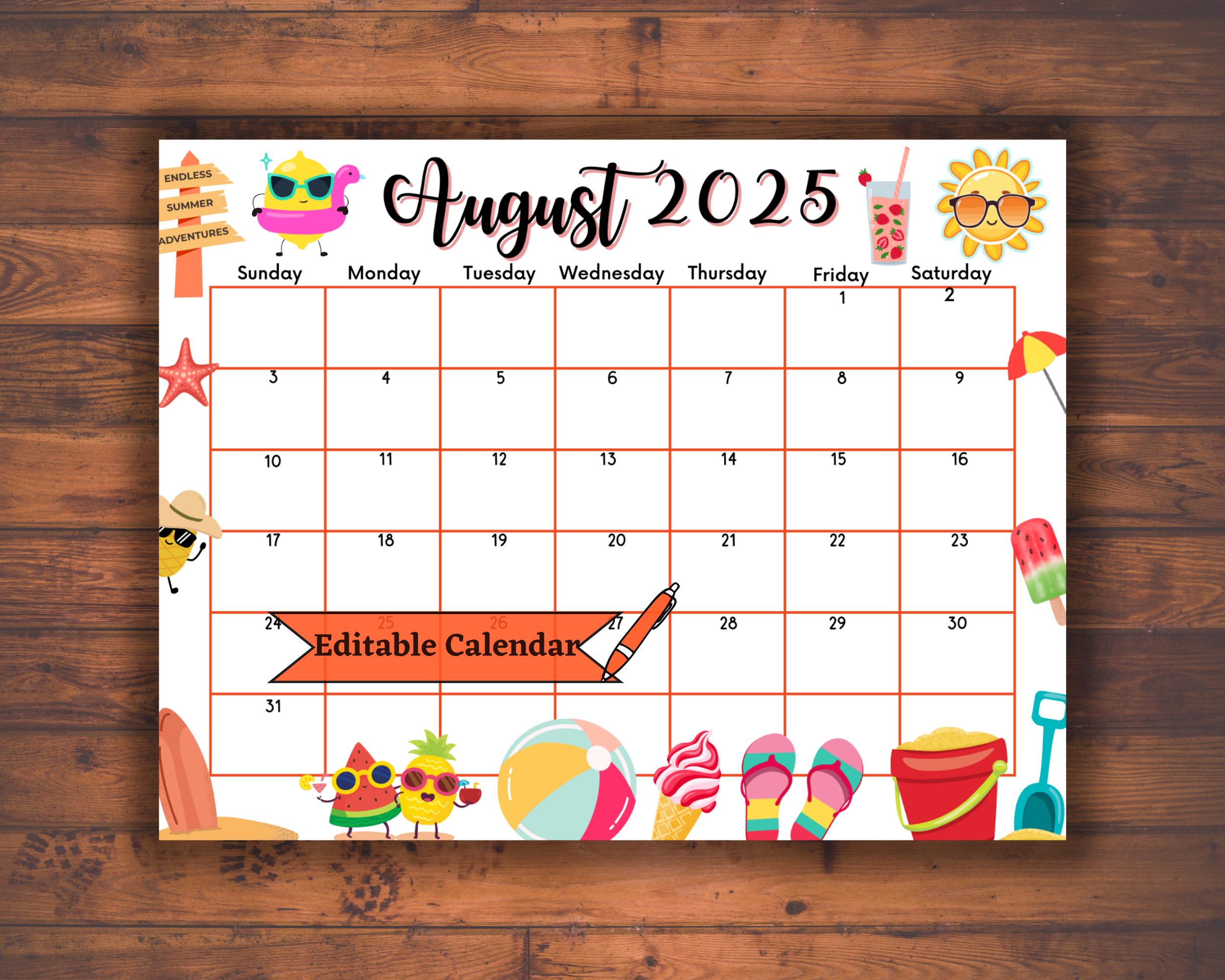 Editable Fillable August 2025 Calendar for Happy Summer vacation at the Beach, Colorful Printable Monthly Planner, Classroom Kid agenda, PDF