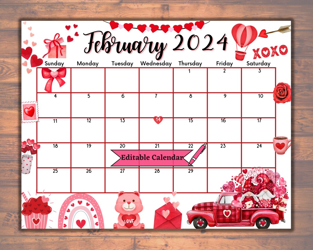 Editable Fillable February 2024 Calendar for Valentines Day, Printable
