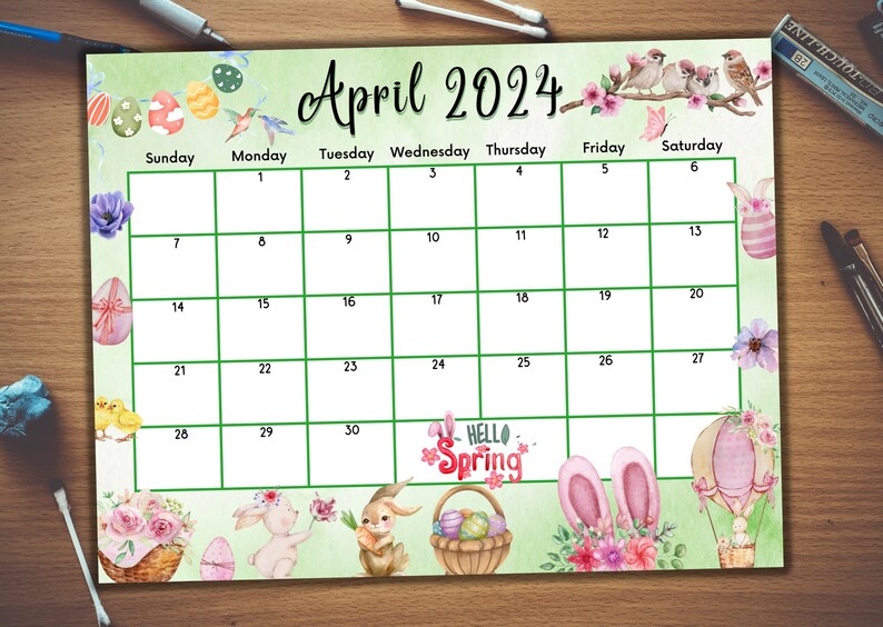 Editable Fillable April 2024 Calendar Happy Easter With Cute Bunnies