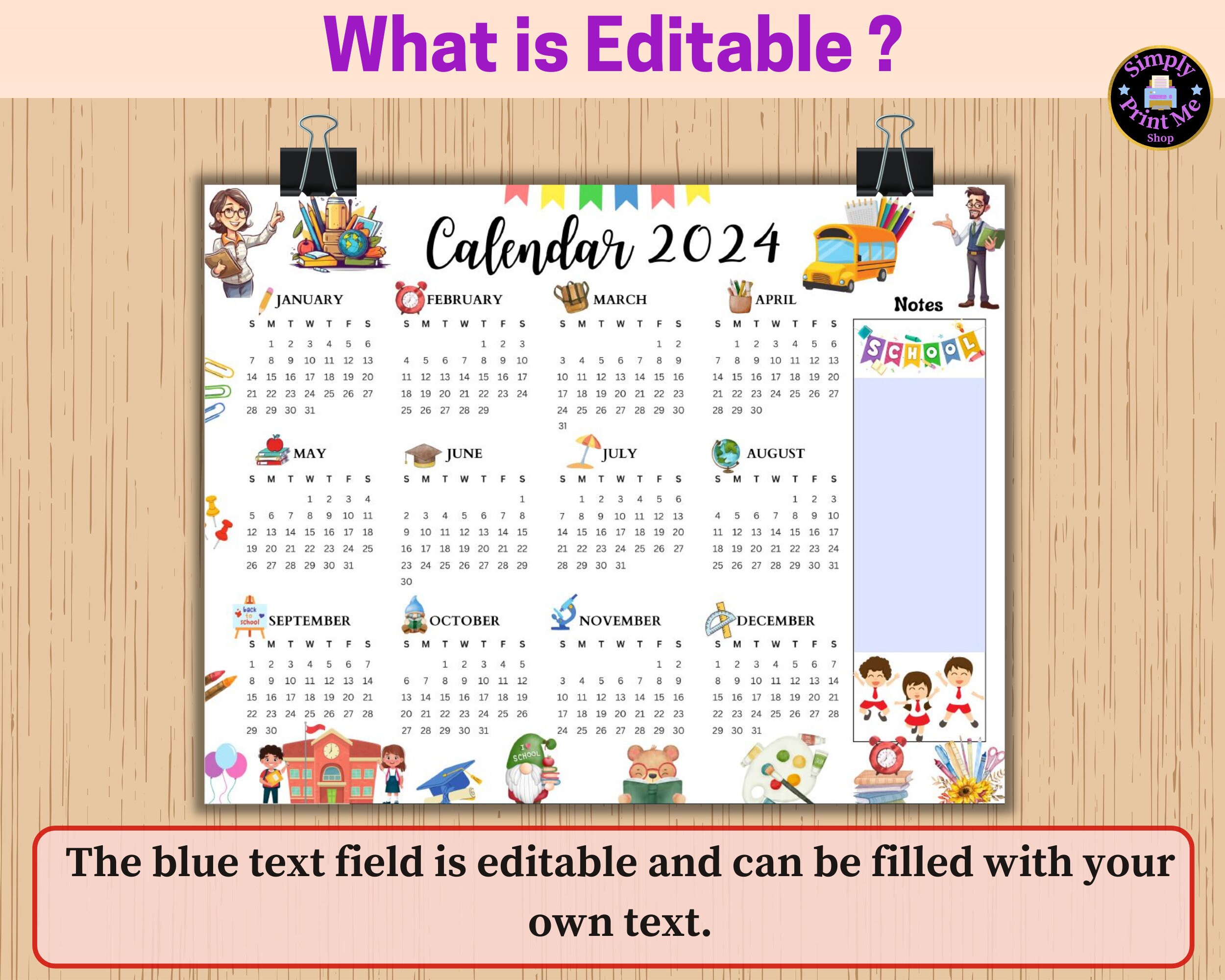 Editable Printable Yearly Calendar 2024, Year at a Glance, Teacher ...
