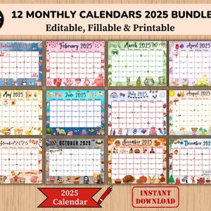 Editable Fillable Monthly Calendar 2025 Bundle from January to December, Kid Printable Classroom Planner, Teacher School agenda, Digital PDF