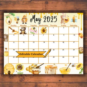 Editable Fillable May 2025 Calendar for Spring with Cute Honey Bees, Printable Mother&#39;s Day & Kid Planner, Easy to use Classroom agenda, PDF