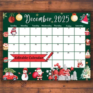 Calendrier de décembre 2025 modifiable à remplir pour joyeux Noël, ornements colorés, animaux mignons, joyeux fond vert, agenda imprimable