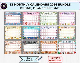 Puede incluir: Un paquete de 12 calendarios mensuales para 2026, cada uno con un borde y tema decorativo único. Los calendarios son editables, rellenables e imprimibles, con el texto "12 MONTHLY CALENDARS 2026 BUNDLE" en la parte superior.