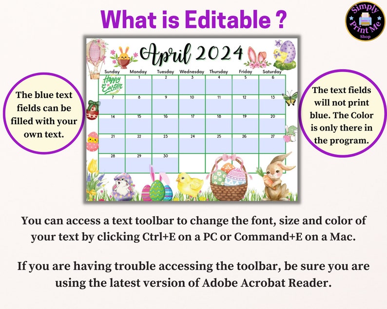 Editable Fillable April 2024 Calendar for Happy Easter With Cute