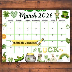 Editable Fillable March 2026 Calendar for St. Patrick's Day: Digital Printable Teacher Spring planner with Beautiful Gifts for Kids & Family
