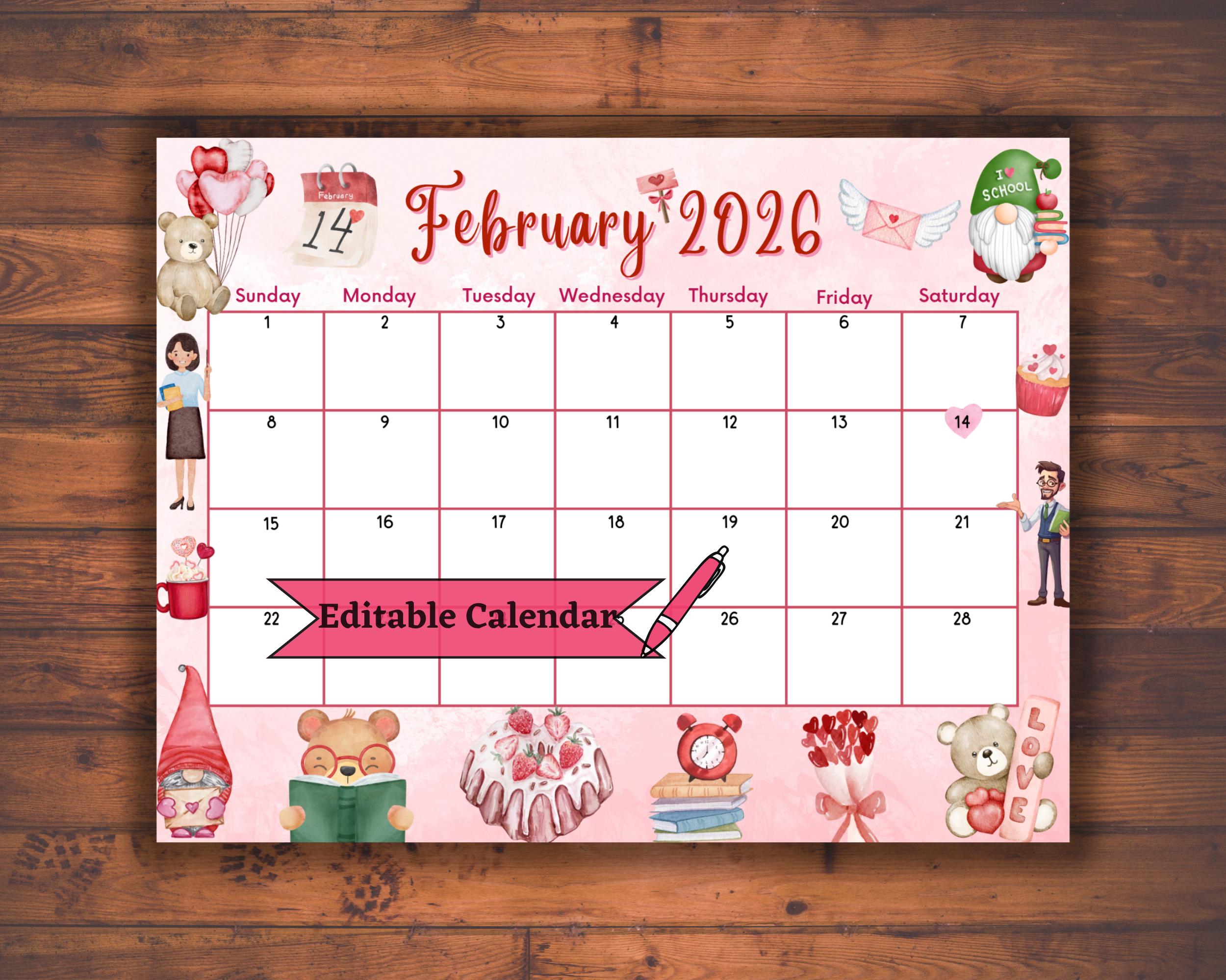 Editable Fillable February 2026 Calendar for Valentine's Day ...