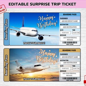 Modèle de billet d'avion d'anniversaire modifiable, carte d'embarquement imprimable, coupon voyage surprise, cadeau d'anniversaire personnalisé, vacances surprise PDF
