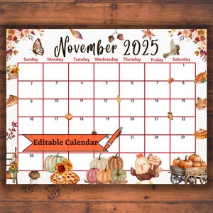 Editable Fillable November 2025 Calendar, Printable, Thanksgiving Planner, Pumpkin & Butterflies, Lovely Food and Turkey, Autumn, Fall, PDF